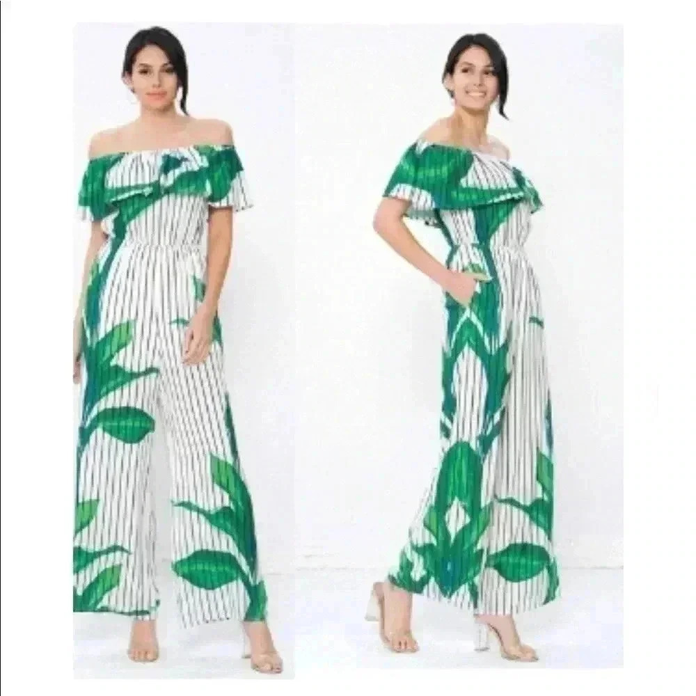 BNWOT Jealous tomato Striped floral bardot jumpsuit size M